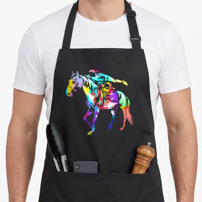 Tablier de cuisine noir avec illustration multicolore d'un cheval et d'un cavalier en mouvement dynamique.