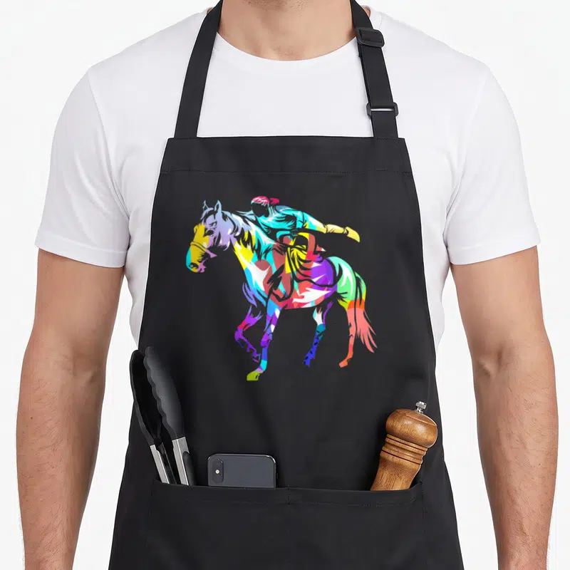 Tablier de cuisine noir avec illustration multicolore d'un cheval et d'un cavalier en mouvement dynamique.