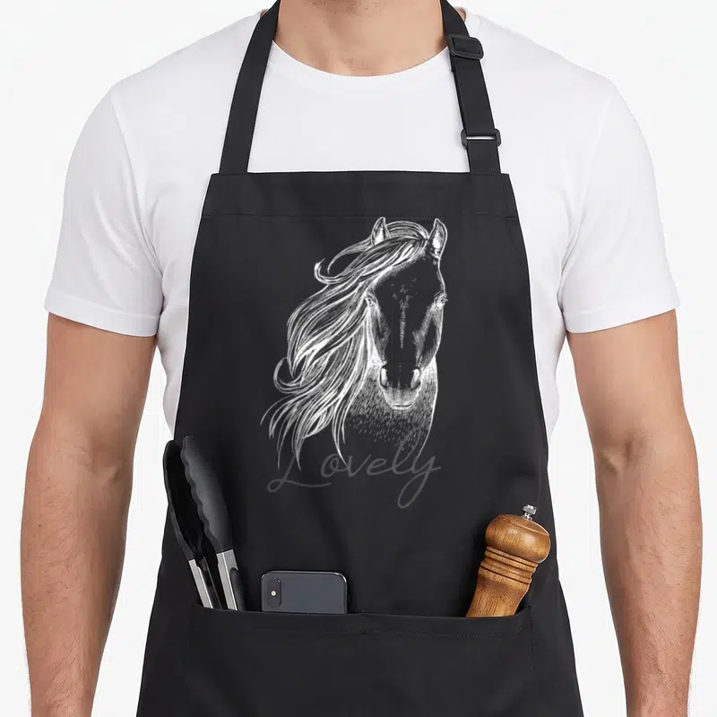 Tablier de cuisine noir avec portrait gravé d'un cheval aux longs cheveux et texte humoristique en blanc.