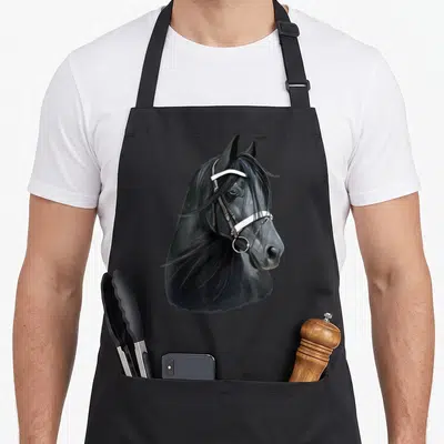 Tablier de cuisine noir avec tête de cheval noir vue latérale et garrot blanc détaillé.