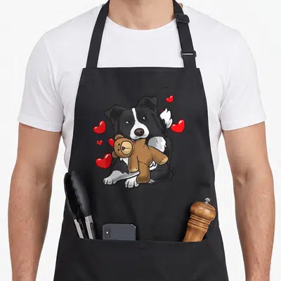 Tablier de cuisine noir avec illustration d'un Border Collie tenant un ours en peluche entouré de cœurs rouges.