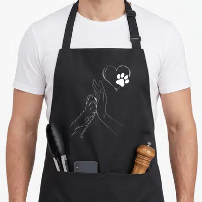 Tablier de cuisine noir avec illustration blanche montrant une main et une patte de chien formant un cœur.