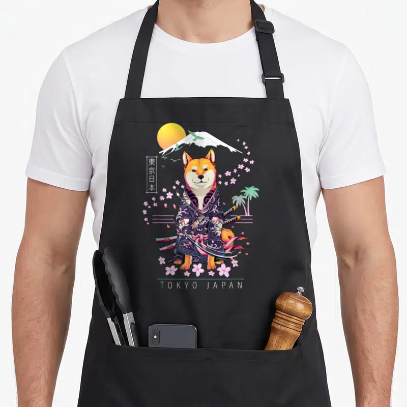 Tablier de cuisine noir avec un Shiba Inu en kimono samouraï, katana et fleurs de sakura devant le Mont Fuji.