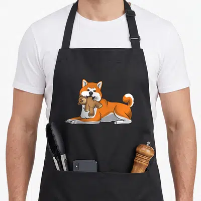 Tablier de cuisine noir avec illustration d'un chien Akita Inu portant une peluche d'ours en tissu.