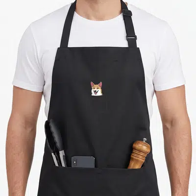 Tablier de cuisine noir avec illustration d'un Welsh Corgi souriant sortant d'une poche dessinée au centre.