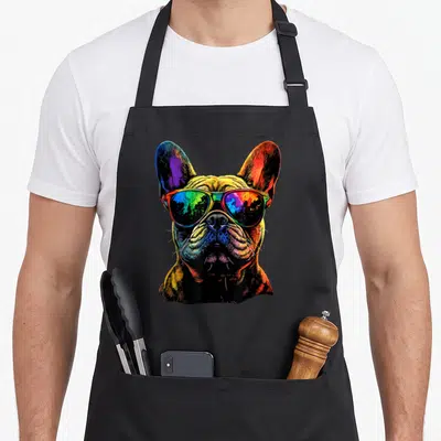 Tablier de cuisine noir avec illustration colorée d'un bouledogue français portant des lunettes de soleil réfléchissantes.