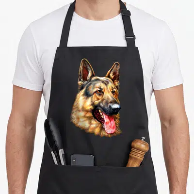 Tablier de cuisine noir avec un portrait détaillé et coloré d'un berger allemand à la langue sortie.