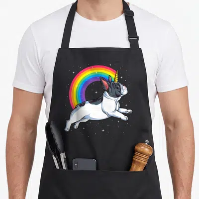 Tablier de cuisine noir avec illustration d'un bulldog français licorne volant devant un arc-en-ciel et des étoiles.