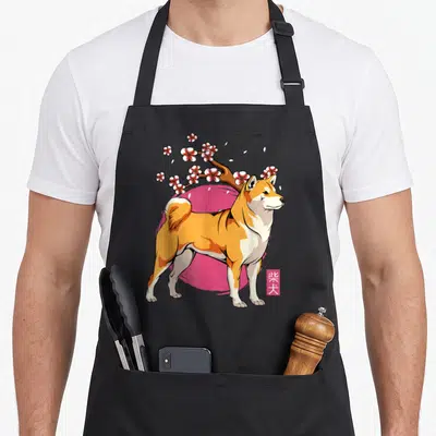 Tablier de cuisine noir avec illustration Shiba Inu, fleurs de cerisier et caracteres japonais roses.
