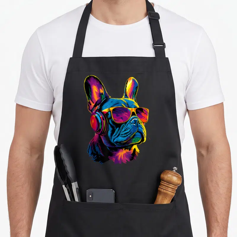 Tablier de cuisine noir avec illustration colorée d'un bouledogue français portant des lunettes de soleil et un casque audio.