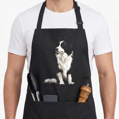 Tablier de cuisine noir avec illustration stylisée d'un chien Border Collie noir et blanc assis