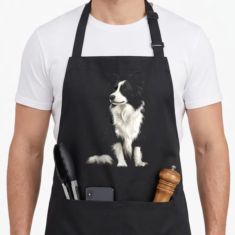 Tablier de cuisine noir avec illustration stylisée d'un chien Border Collie noir et blanc assis