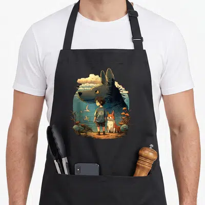 Tablier de cuisine noir avec une illustration d'enfant, corgi et géant animalier au bord de l'eau.