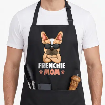 Tablier de cuisine noir avec illustration d'un bouledogue français aux lunettes noires et texte Frenchie Mom