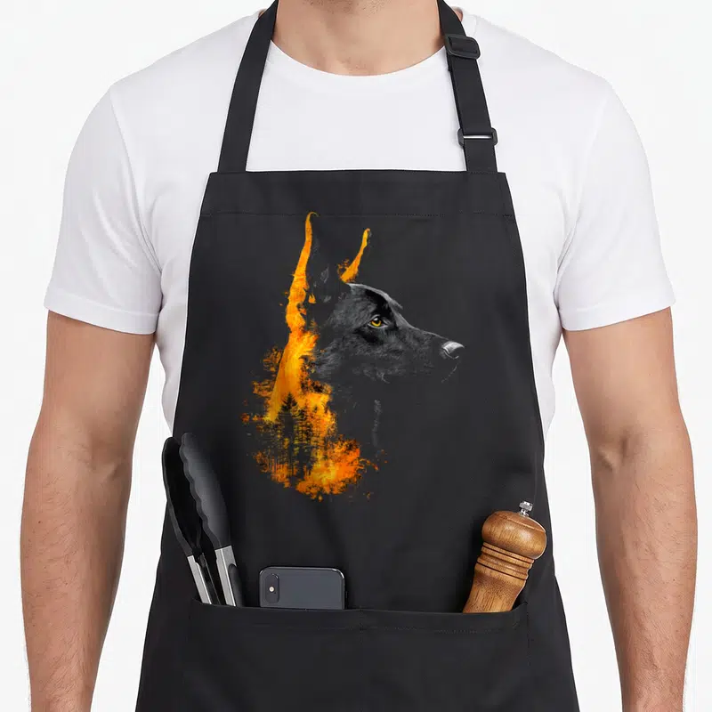 Tablier de cuisine noir avec un Malinois Belge dont les oreilles s'élèvent en flammes orange artistiques.