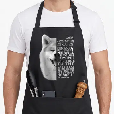 Tablier de cuisine noir avec portrait d'Akita Inu et texte en anglais sur fond gris uni