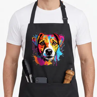 Tablier de cuisine noir avec portrait coloré de Jack Russell Terrier en style pop art aux éclaboussures peintes.