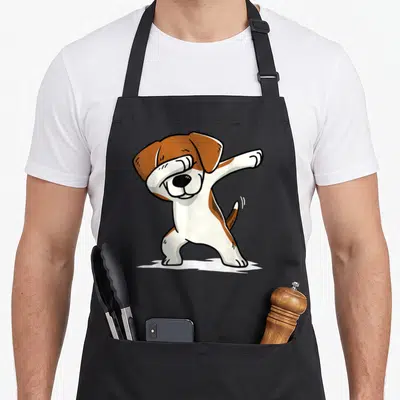 Tablier de cuisine noir avec un beagle blanc et marron effectuant la pose du dab.