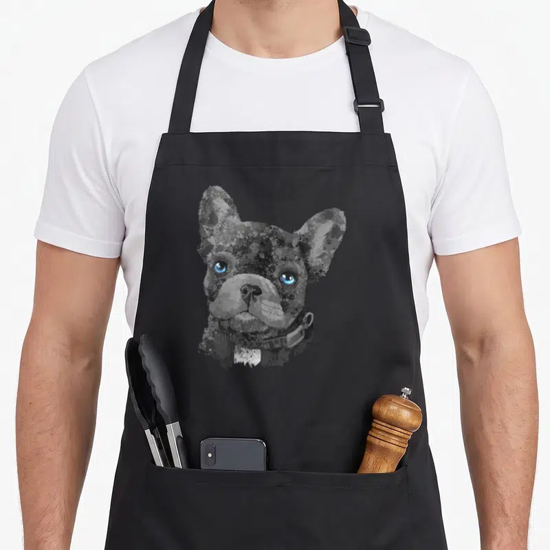 Tablier de cuisine noir avec illustration artistique d'un bouledogue français aux yeux bleus vifs et collier gris.