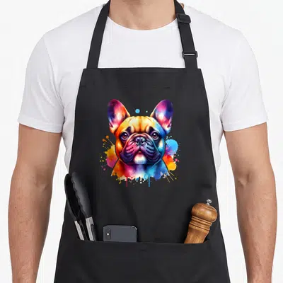 Tablier de cuisine noir avec portrait artistique multicolore d'un Bouledogue Français aux éclats de peinture.