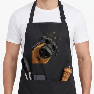 Tablier de cuisine noir avec illustration d'un chien Beauceron au regard curieux et des taches colorées flottantes.