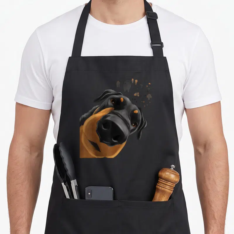 Tablier de cuisine noir avec illustration d'un chien Beauceron au regard curieux et des taches colorées flottantes.