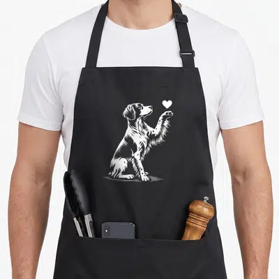 Tablier de cuisine noir avec illustration blanche d'un épagneul breton assis tendant une patte vers un petit cœur.