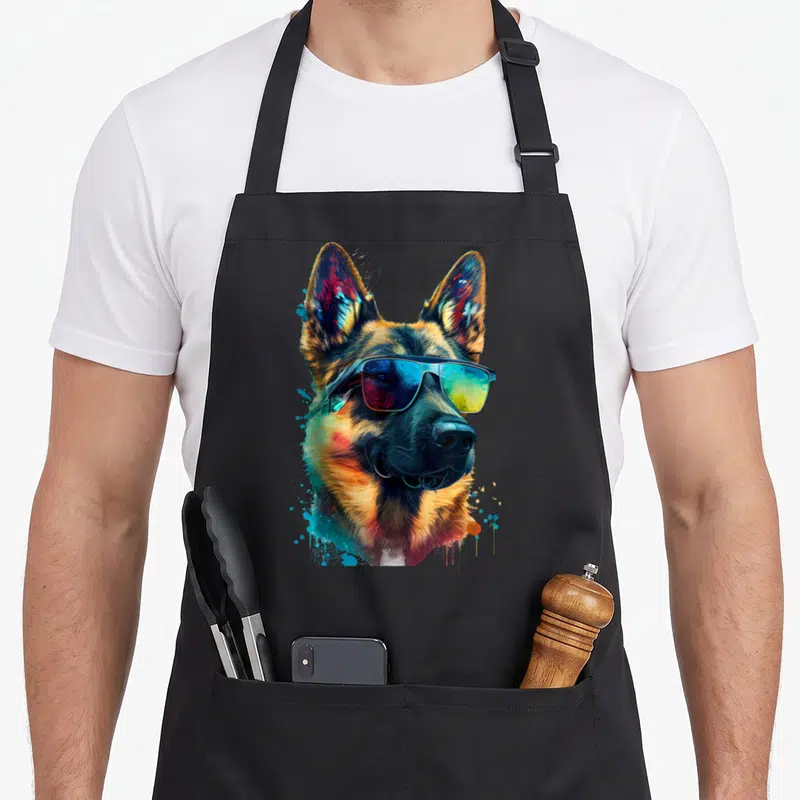 Tablier de cuisine noir avec illustration d'un Berger allemand portant des lunettes de soleil aux verres bleus et jaunes vifs.