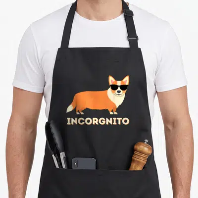 Tablier de cuisine noir avec illustration d'un corgi gallois portant des lunettes de soleil et le texte Incorgnito.