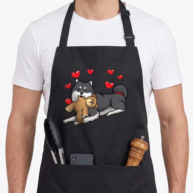 Tablier de cuisine noir avec un chien finnois de Laponie tenant une peluche et des cœurs rouges flottants.
