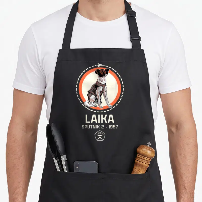 Tablier de cuisine noir avec illustration circulaire de Laika et texte Spoutnik 1957 CCCP