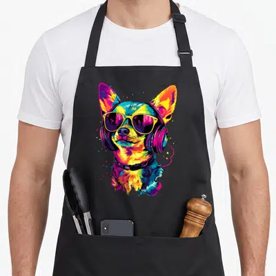 Tablier de cuisine noir avec illustration colorée d'un chihuahua en lunettes de soleil et casque audio.