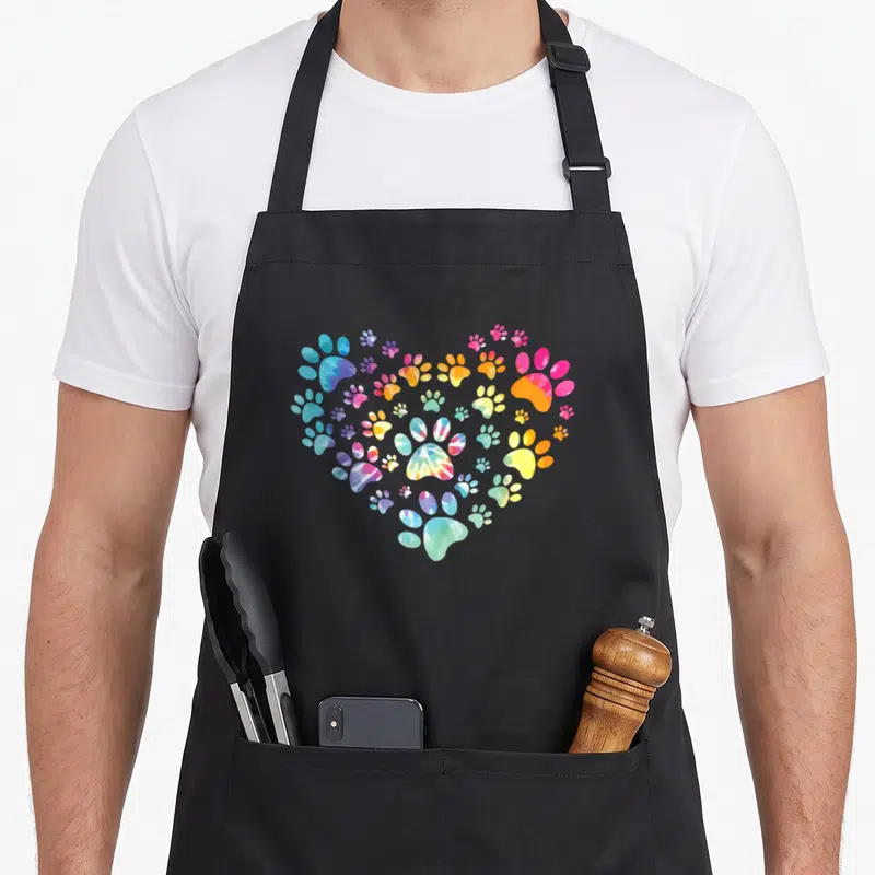 Tablier de cuisine noir avec un grand cœur composé de nombreuses pattes de chien multicolores et stylisées.