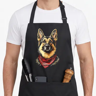 Tablier de cuisine noir avec illustration de chien berger allemand au bandana rouge