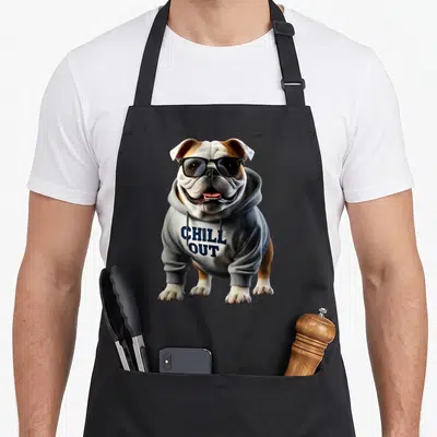 Tablier de cuisine noir avec un bouledogue anglais portant un pull gris et des lunettes de soleil.