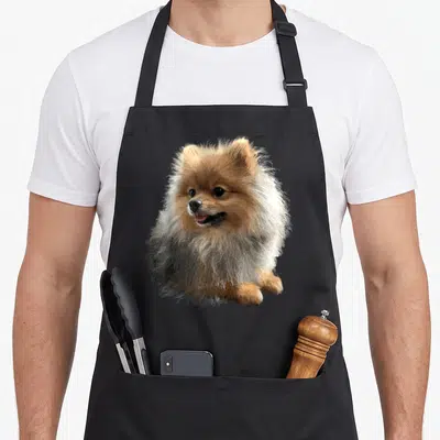 Tablier de cuisine noir avec illustration réaliste d'un Pomeranian aux poils dorés et gris, langue sortie et regard attentif.