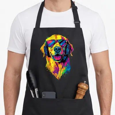 Tablier de cuisine noir avec illustration colorée d'un chien au casque et lunettes de soleil