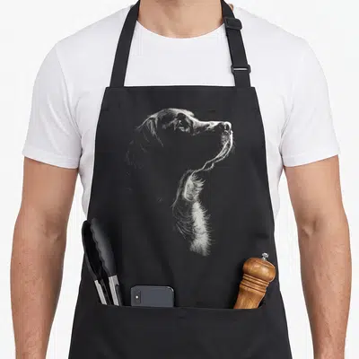 Tablier de cuisine noir avec une illustration blanche détaillée représentant le profil d'un chien Golden Retriever regardant vers le haut.