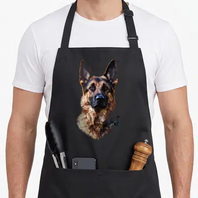 Tablier de cuisine noir avec portrait stylisé de Berger allemand en art polygonal aux teintes brunes et noires.