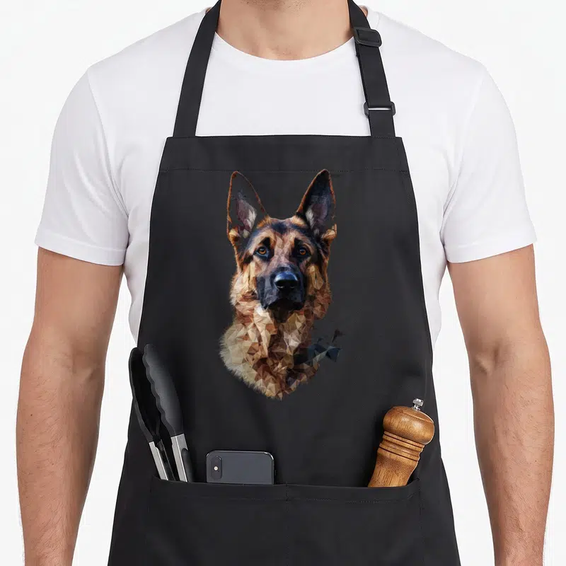Tablier de cuisine noir avec portrait stylisé de Berger allemand en art polygonal aux teintes brunes et noires.