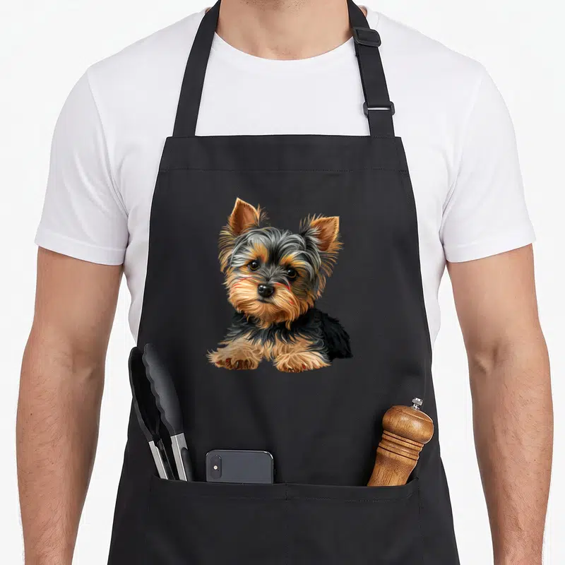 Tablier de cuisine noir avec illustration d'un adorable chiot Yorkshire Terrier aux yeux expressifs et au pelage soyeux.