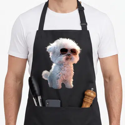 Tablier de cuisine noir avec un bichon maltais blanc portant des lunettes de soleil aviateur.