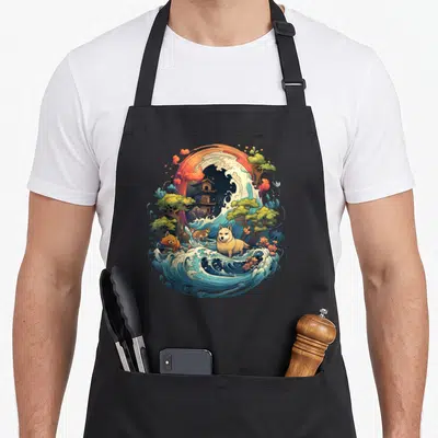 Tablier de cuisine noir avec illustration colorée d'un corgi, d'une pagode et de vagues stylisées dans un cadre ovale.