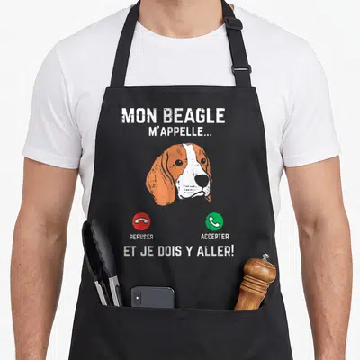 Tablier de cuisine noir avec illustration de tête de beagle orange et blanc et boutons appeler refuser