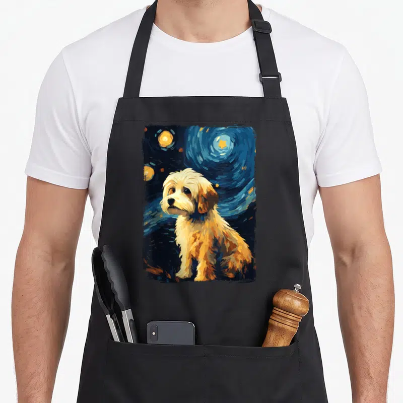 Tablier de cuisine noir avec illustration d'un chien Bichon Havanais sur fond de nuit étoilée bleue et jaune.