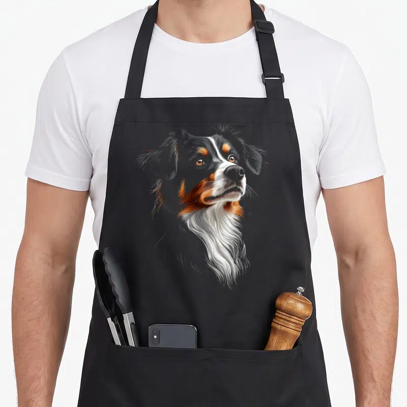 Tablier de cuisine noir avec portrait détaillé d'un chien berger australien aux yeux dorés et à la fourrure tricolore.