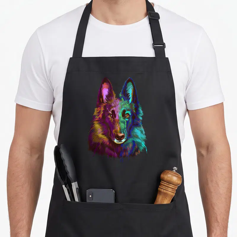 Tablier de cuisine noir avec portrait artistique d'un chien berger belge aux couleurs vives et style pop art moderne.