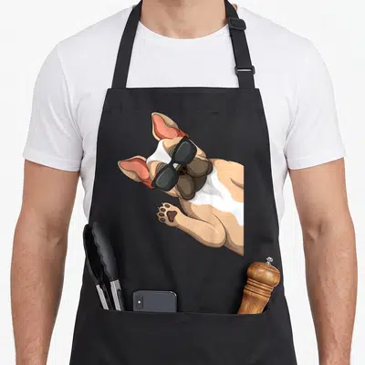 Tablier de cuisine noir avec illustration d'un bulldog français portant des lunettes de soleil noires et levant une patte.