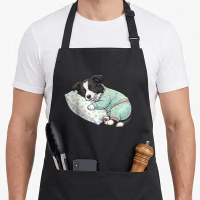 Tablier de cuisine noir avec illustration d'un Border Collie endormi en pyjama bleu sur coussin à empreintes.