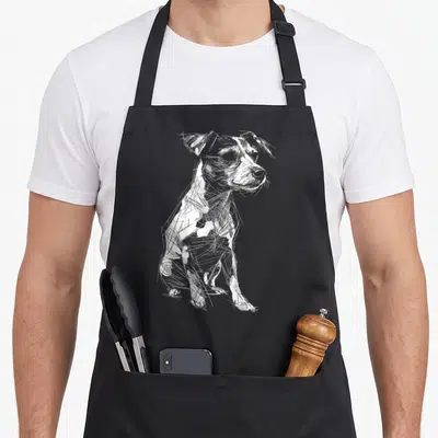 Tablier de cuisine noir avec illustration graphique d'un chien Jack Russell dessiné en traits blancs.